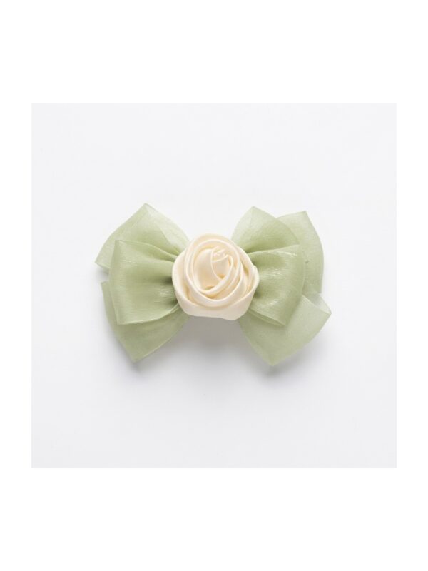 Sage organza bow with rose centerpiece on white background view 1