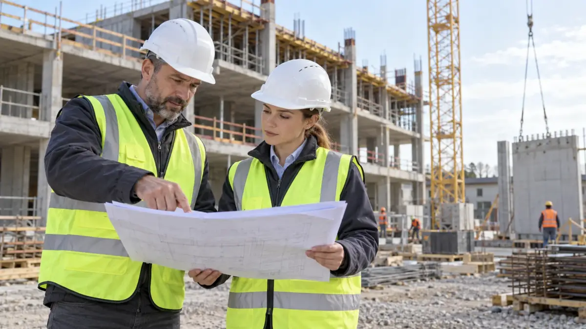 Construction site manager and project engineer reviewing plans in standard site PPE, illustrative role scene