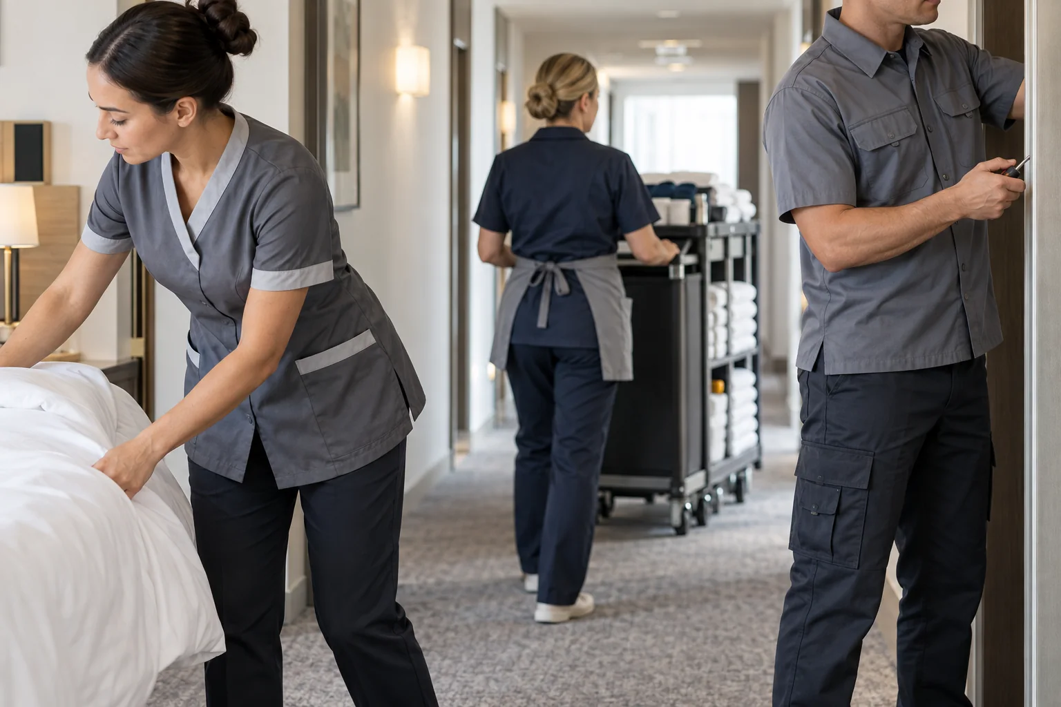 Functional hotel housekeeping and maintenance workwear with practical pockets