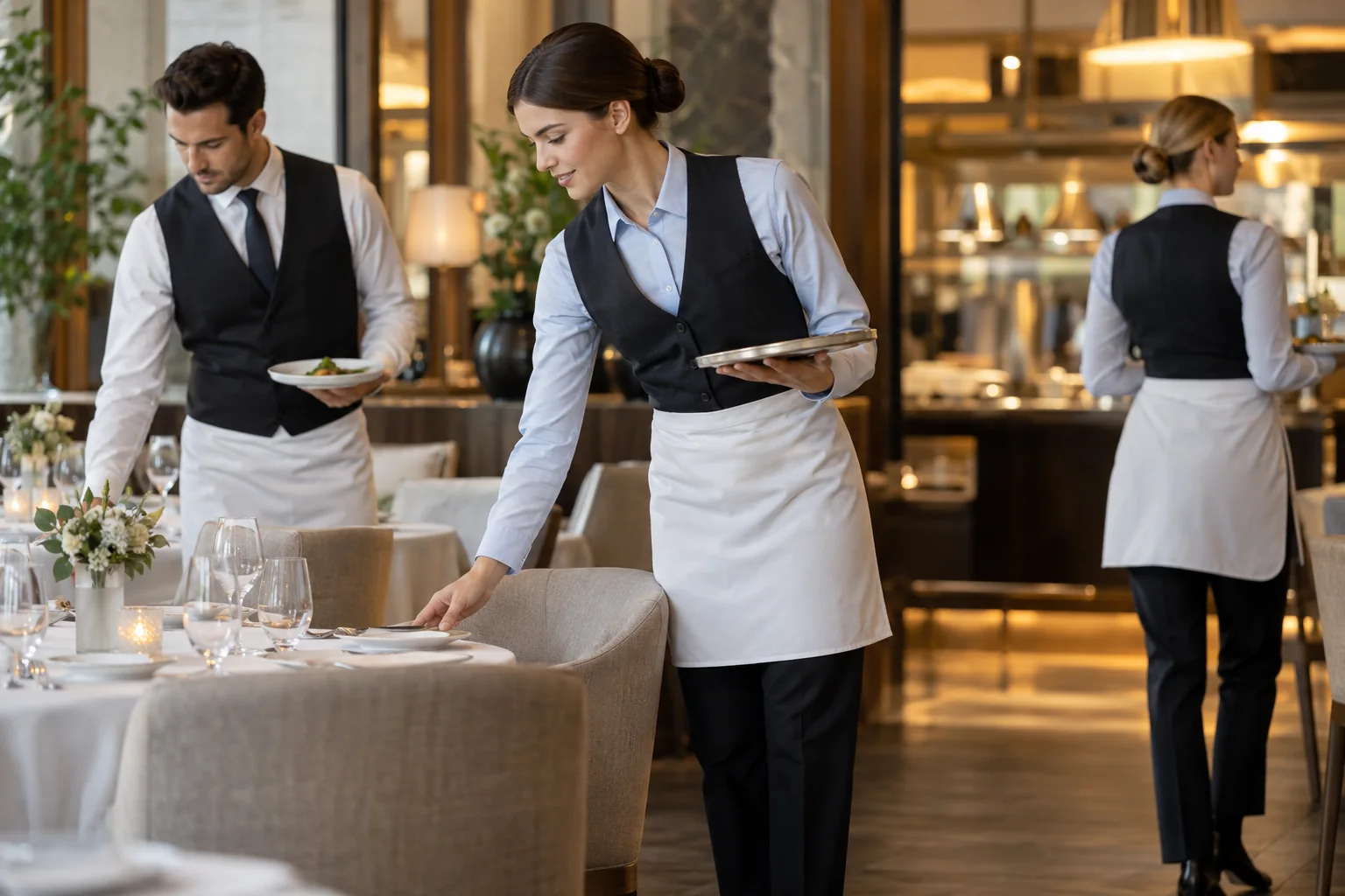 Hotel restaurant and banquet service uniforms with shirts, vests, and aprons