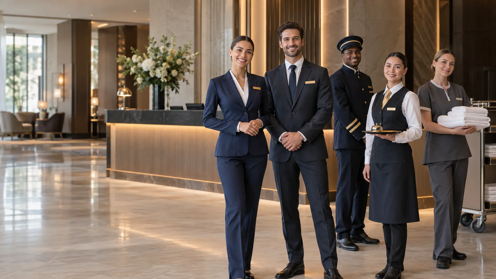 Coordinated hotel staff uniforms for front desk, concierge, restaurant, and housekeeping roles