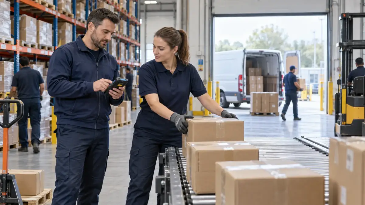 Warehouse team lead and order picker coordinating parcels at a distribution center, illustrative role scene