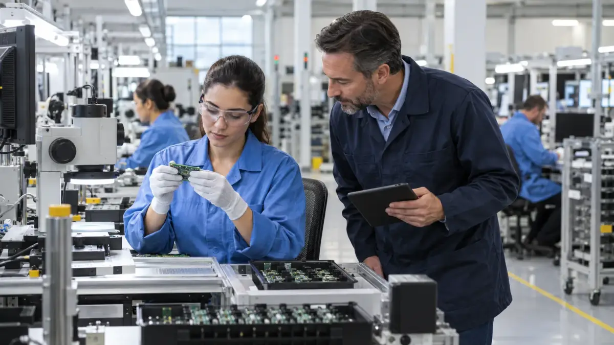 Quality inspector and production supervisor reviewing an electronics component on a factory floor, illustrative role scene