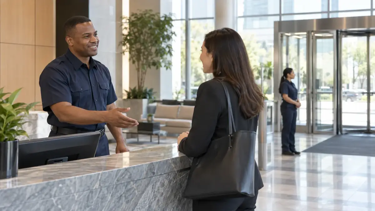 Security reception officer greeting a visitor in a commercial building lobby, illustrative role scene