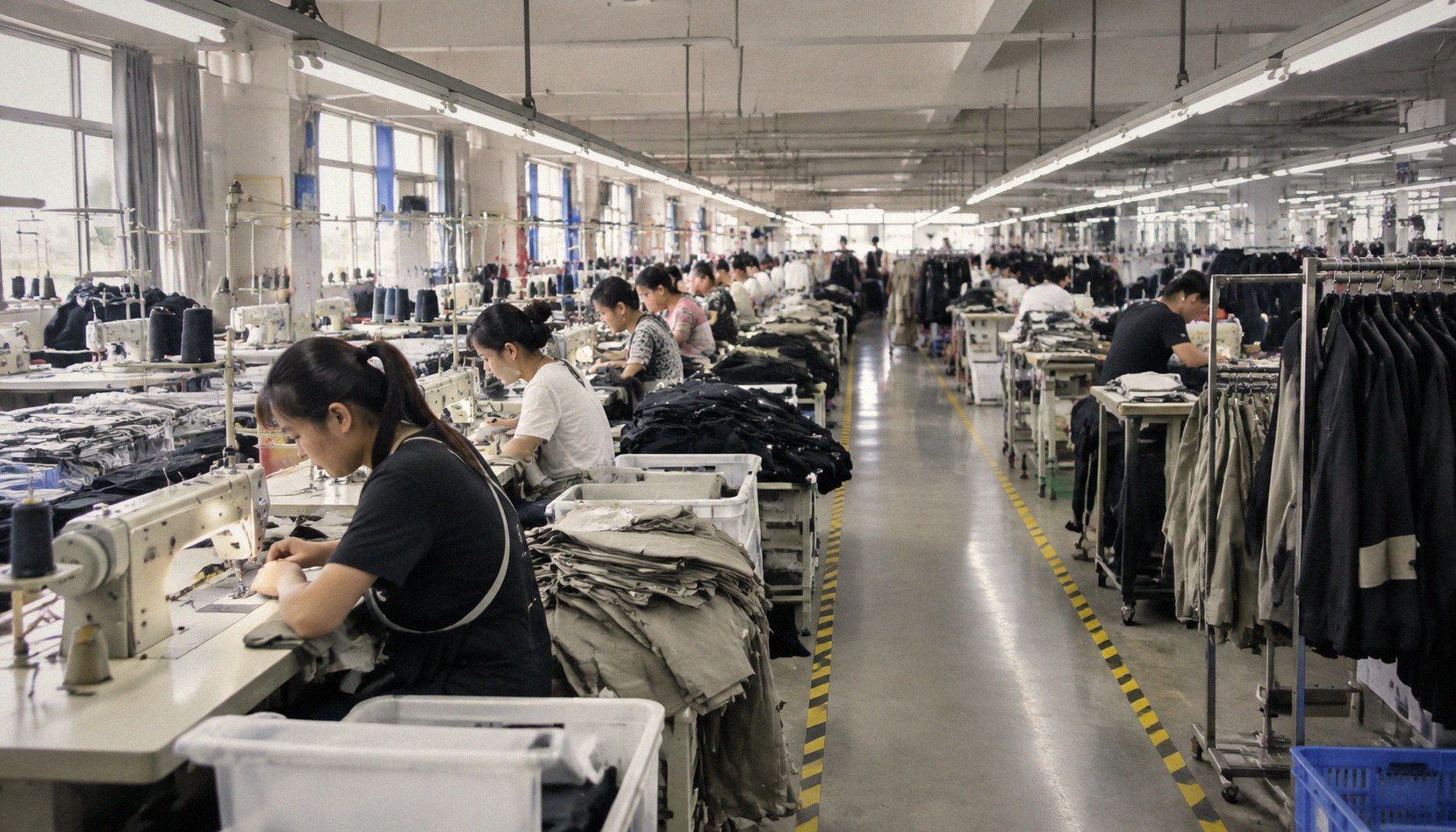 A large modern garment manufacturing floor with long rows of industrial sewing machines and operators working along controlled production lines.