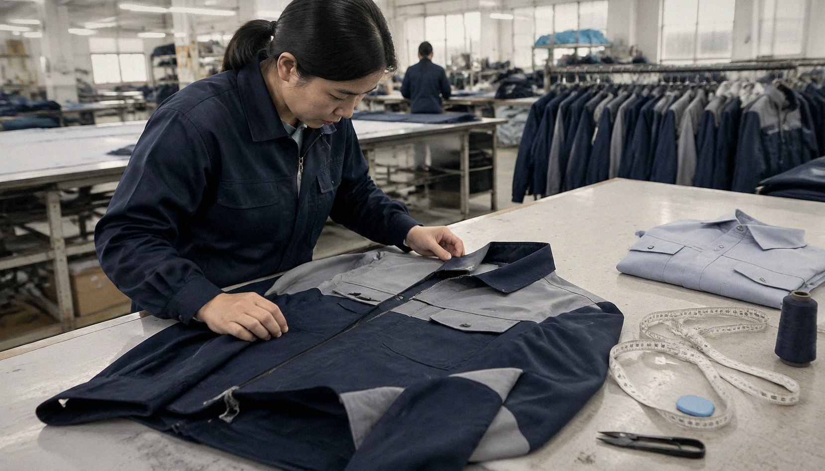 A technician checking a finished corporate workwear jacket against a sewn sample in a Chinese factory sampling area.