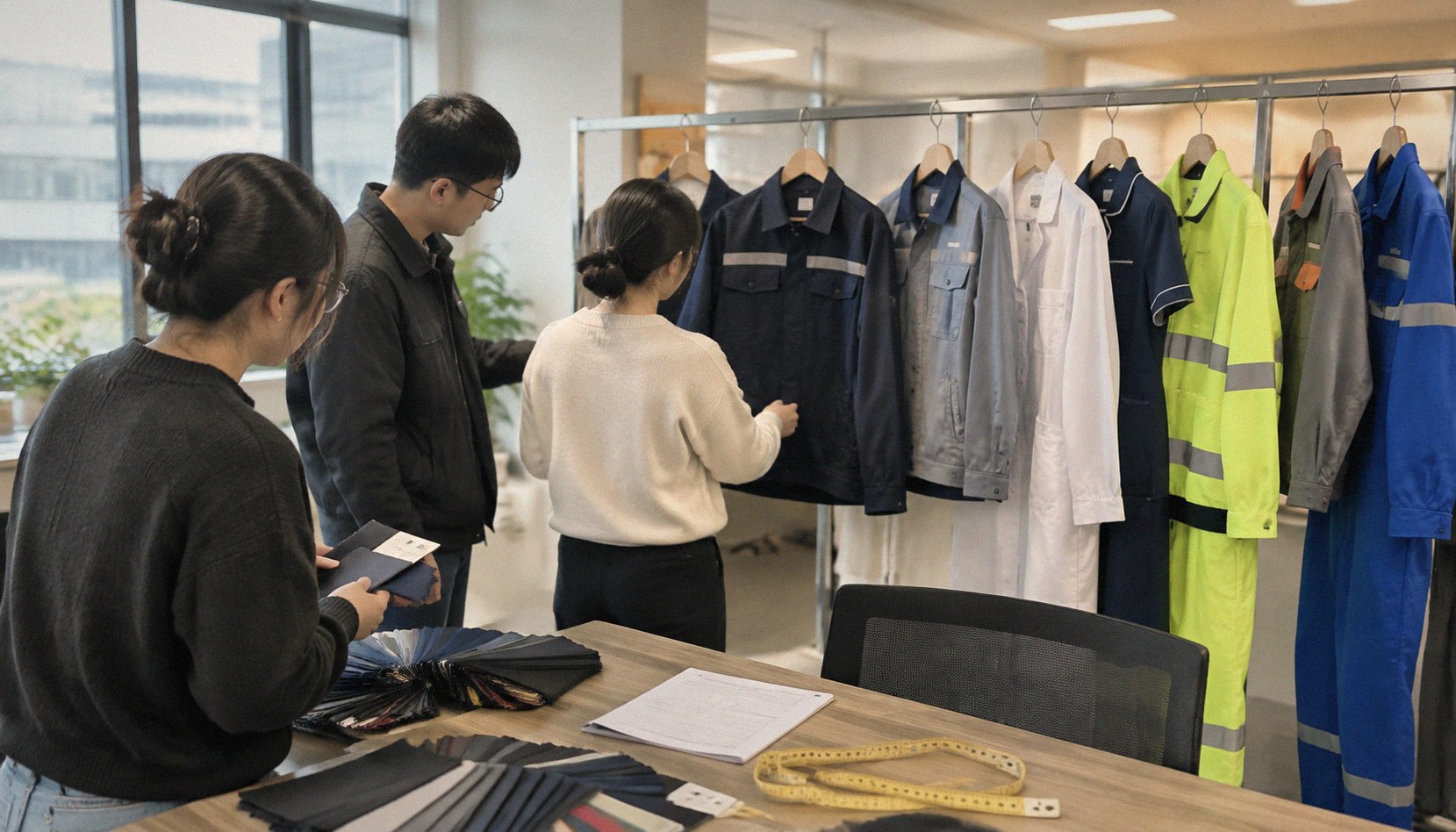 A corporate uniform programme review in a showroom, with finished uniforms on a rail and fabric swatches on the table.
