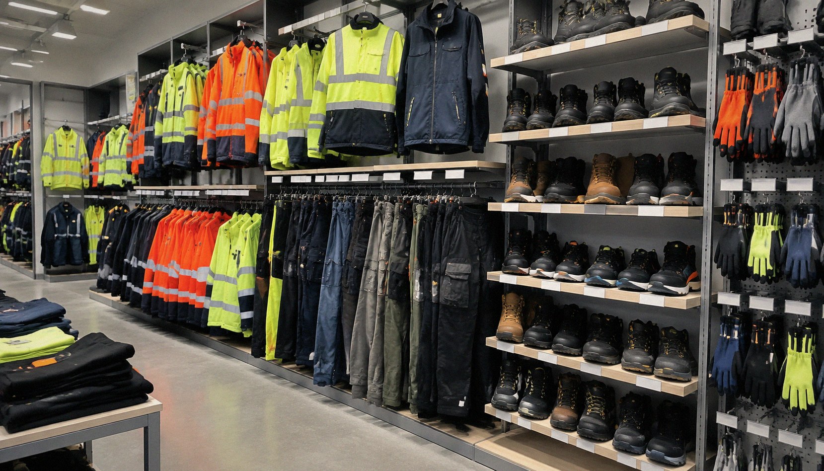 Shelves and wall rails displaying high-visibility jackets, work trousers and safety footwear in a workwear retail showroom.