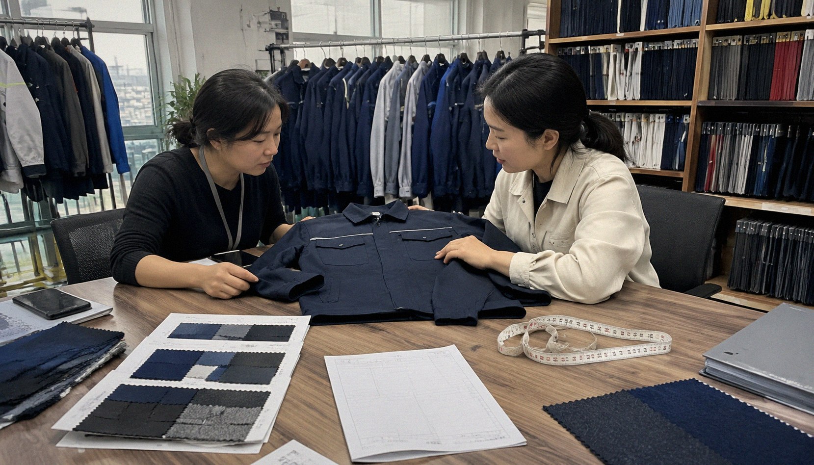 A uniform sourcing meeting in a factory showroom, with a uniform jacket, fabric swatches and a specification sheet on the table.