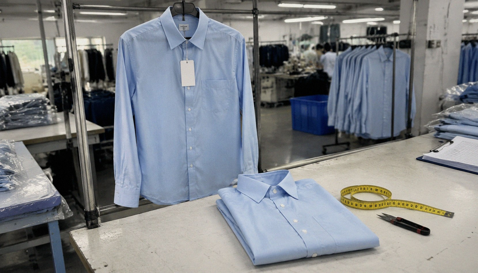 An approved uniform sample hanging with a sealed reference tag beside a folded bulk-produced shirt on an inspection table.