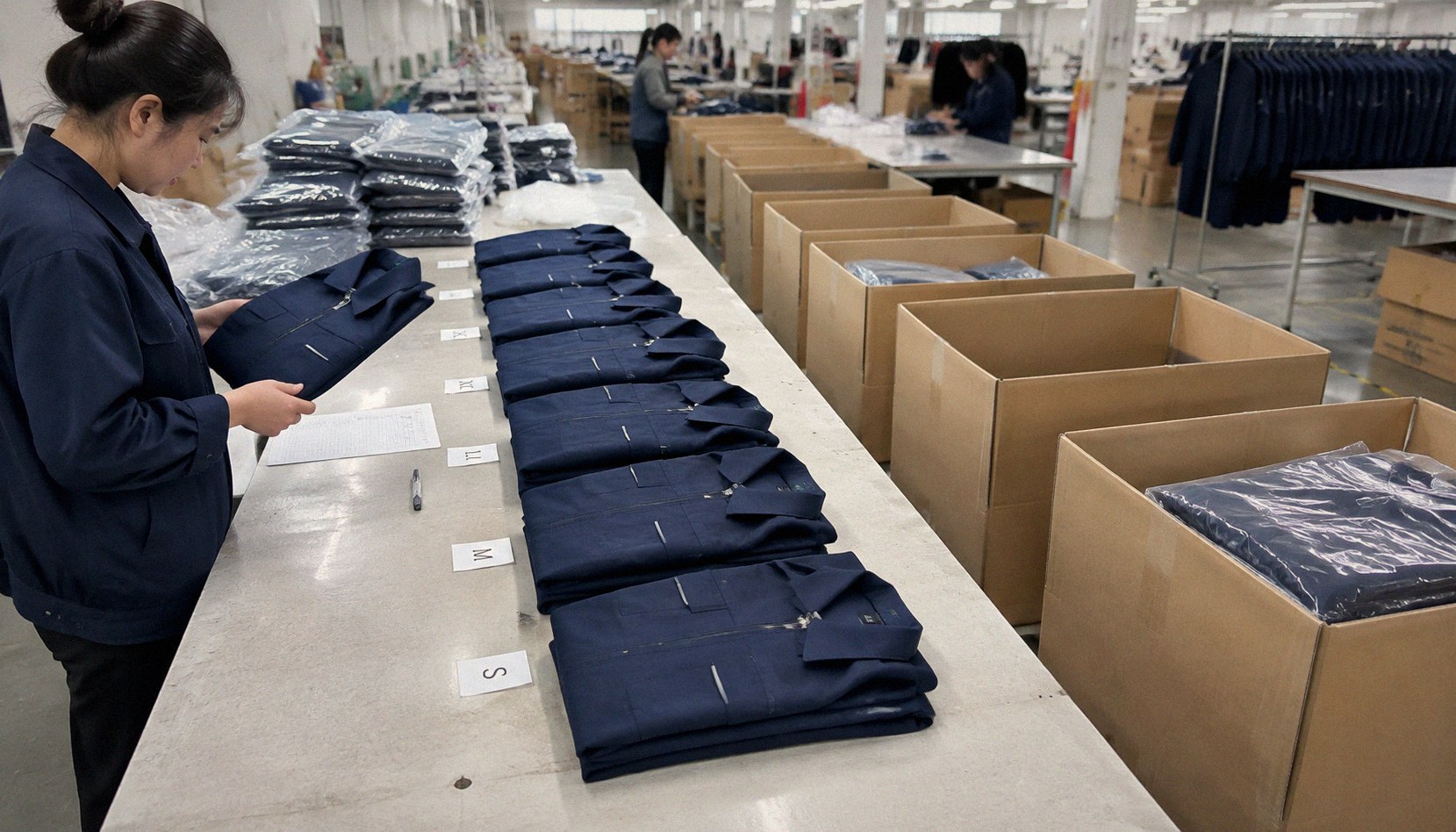 A size set of corporate uniforms laid out in a row beside packing cartons in a factory packing area.