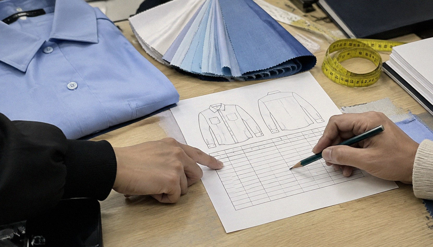 Two people reviewing a garment specification sheet with fabric swatches and a measuring tape on a merchandiser's desk.