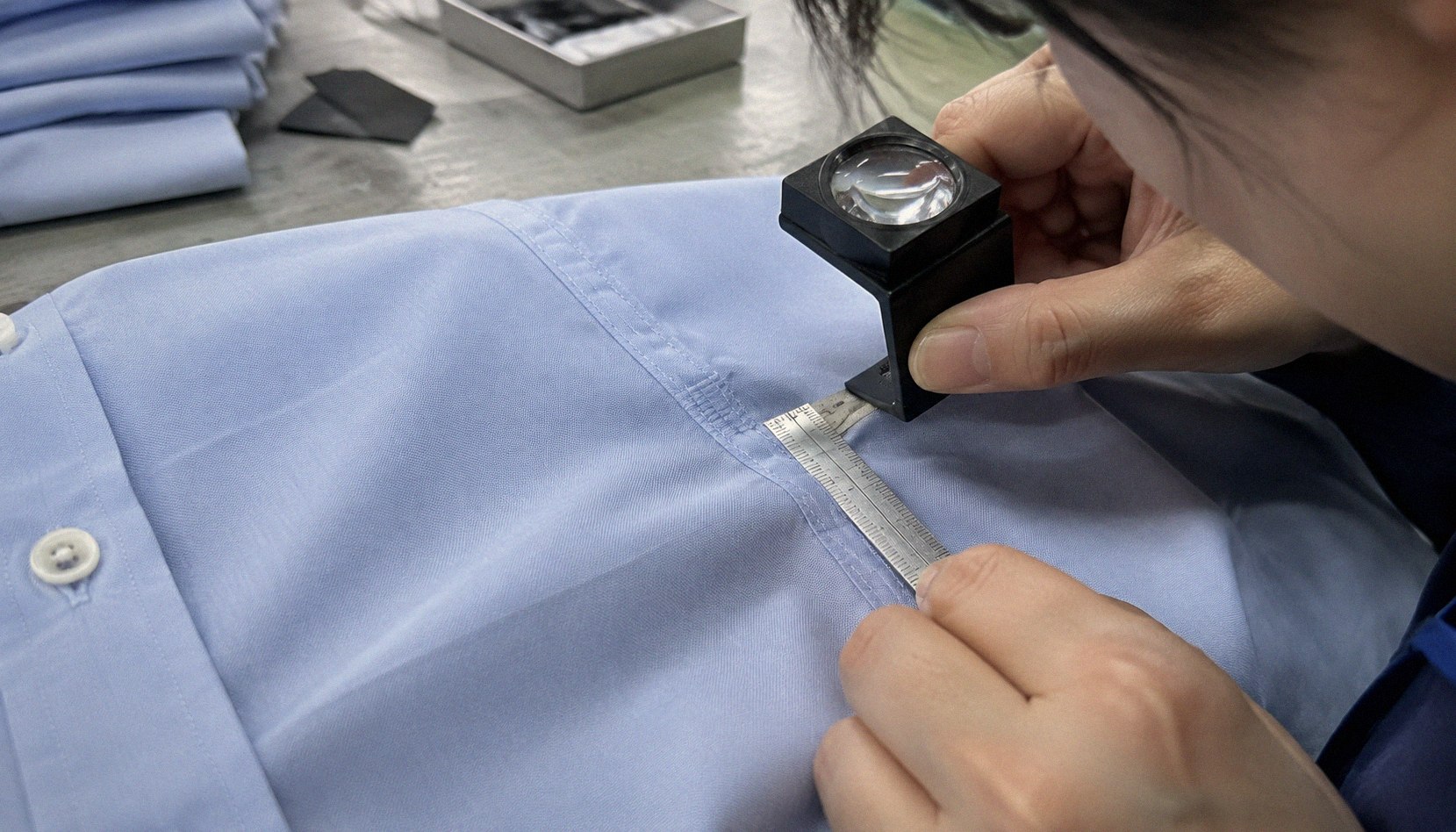 A quality inspector measuring stitch density along a uniform shirt seam with a steel ruler and magnifier.