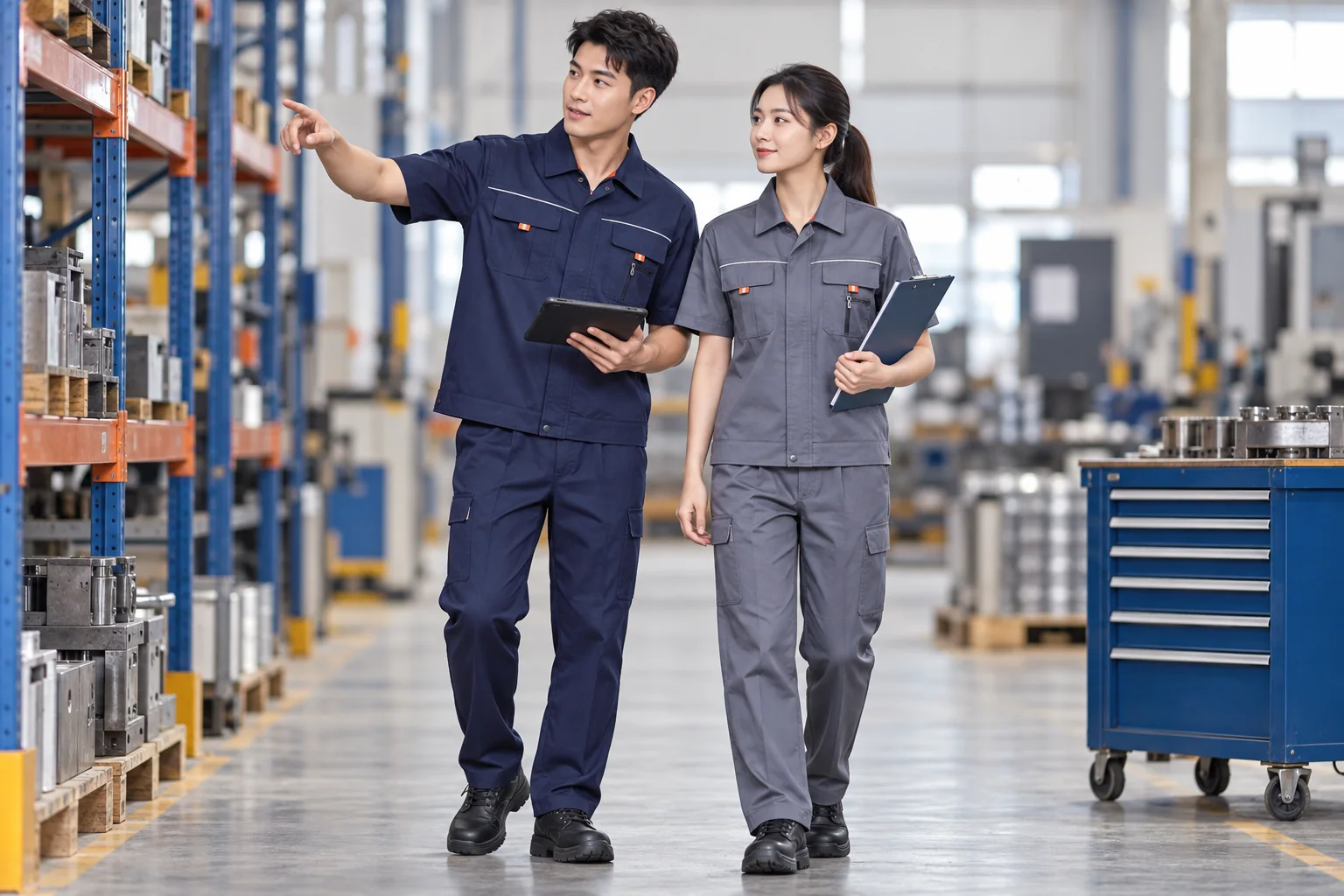 Functional protective workwear with pockets and reflective piping for industrial teams