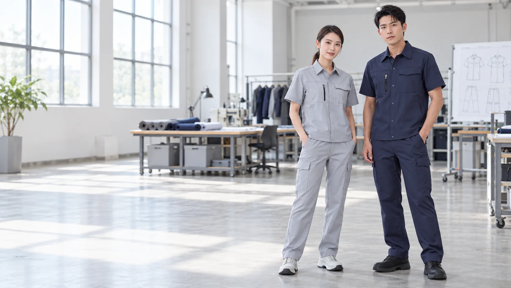 Two workers wearing coordinated custom summer workwear in navy and light grey
