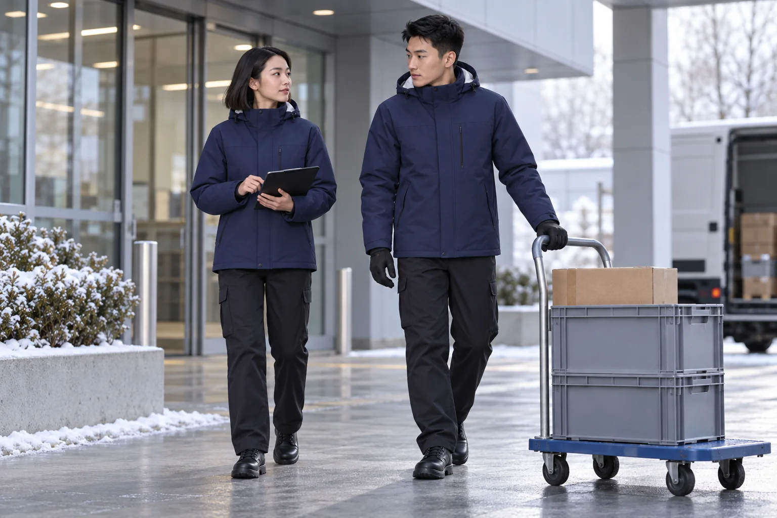 Two workers wearing coordinated navy insulated winter work jackets outdoors