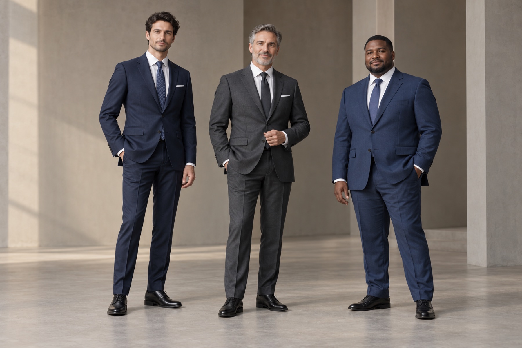 Three professionals wearing coordinated navy and charcoal business suits in varied fits