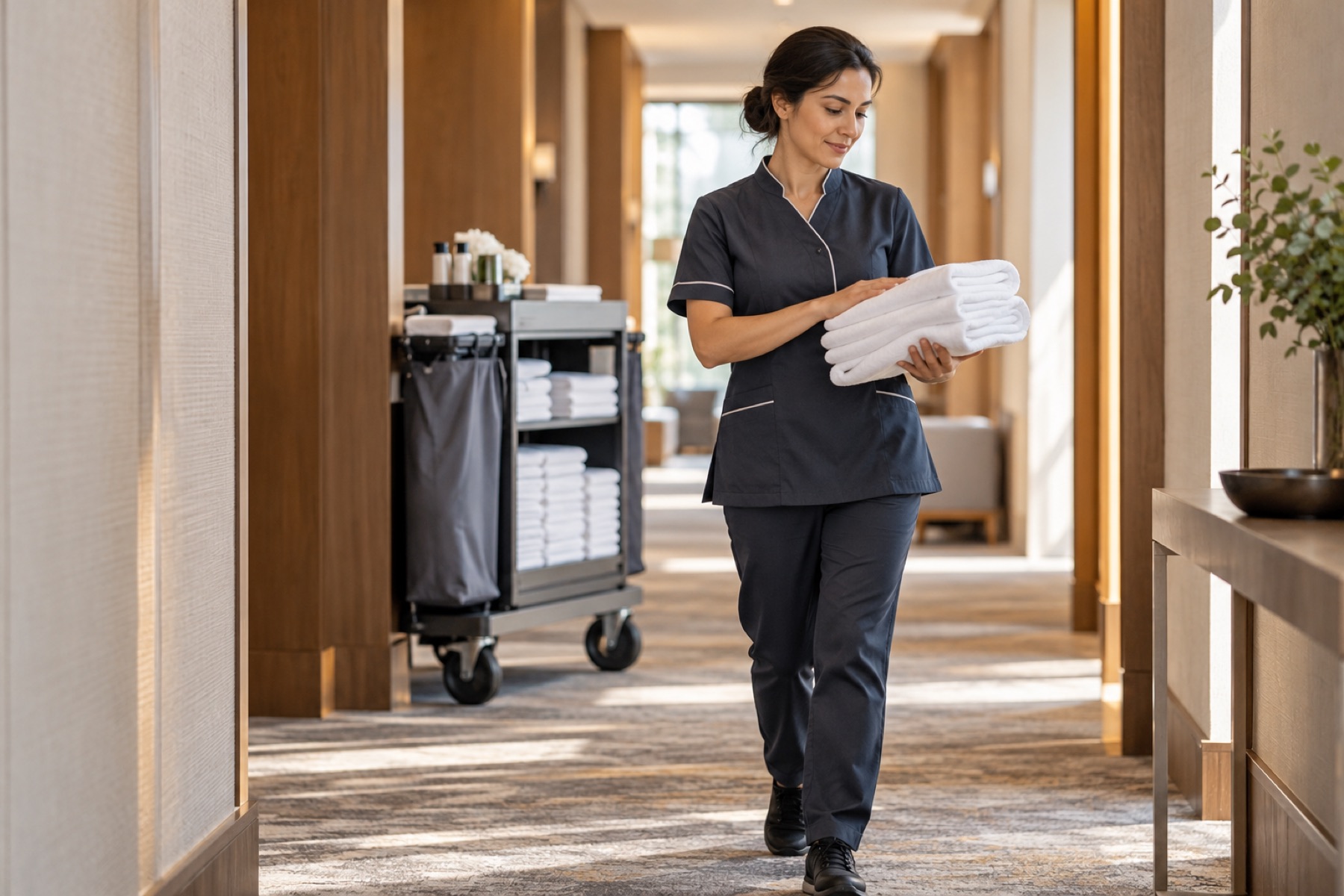 Hotel housekeeper in a charcoal navy tunic carrying folded white linens along a hotel corridor