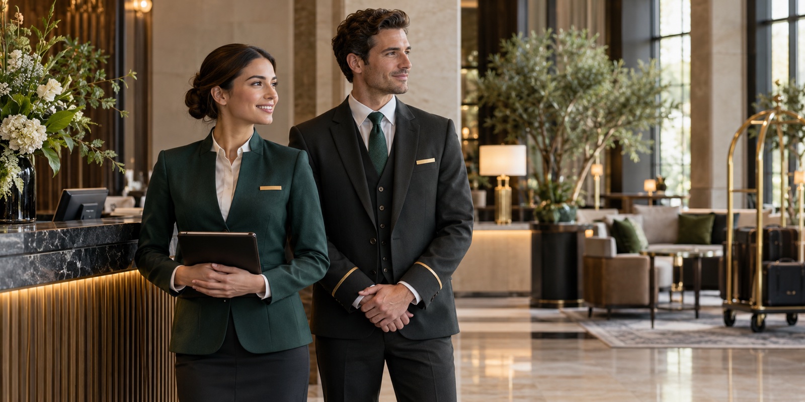 Illustrative hotel management uniform concept for front desk and concierge staff in a contemporary hotel lobby