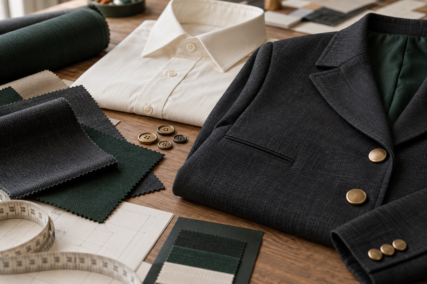Illustrative hotel uniform fabric and tailored jacket sample prepared for a sourcing review